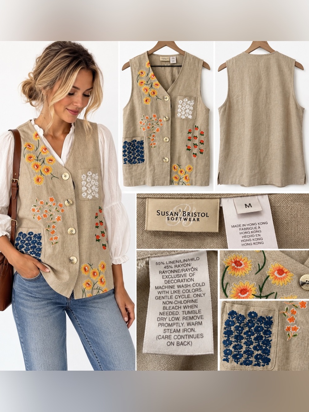 Susan Bristol Softwear Linen Blend Embroidered Floral Vest M Cottagecore Boho